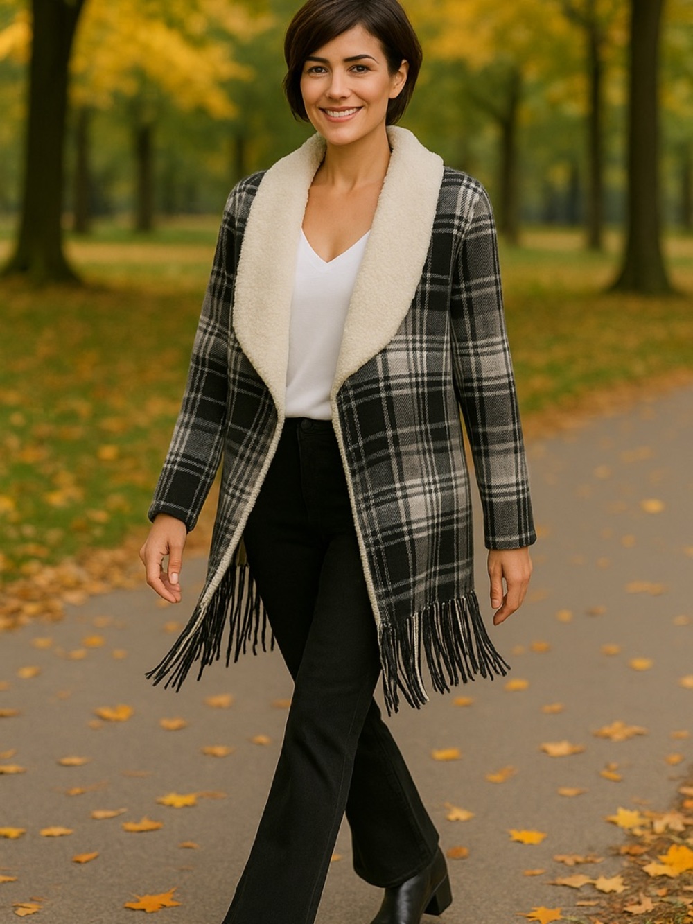 NWT Charlie Paige Black & Cream Plaid & Sherpa. Waterfall Wrap w/ Fringe